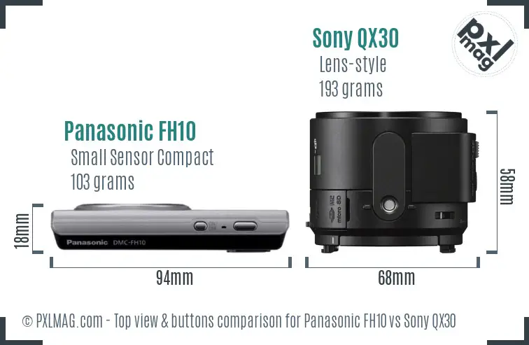 Panasonic FH10 vs Sony QX30 top view buttons comparison