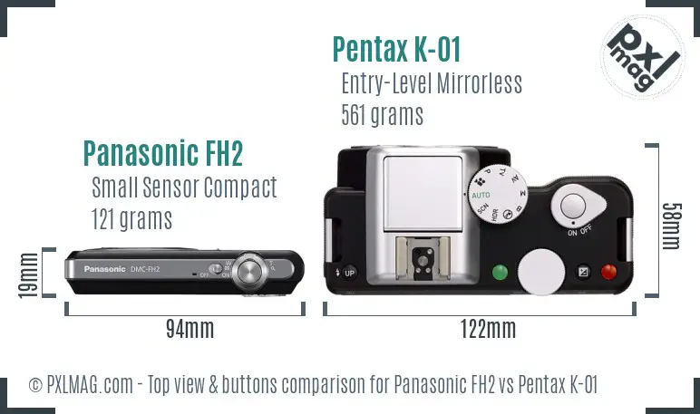 Panasonic FH2 vs Pentax K-01 top view buttons comparison