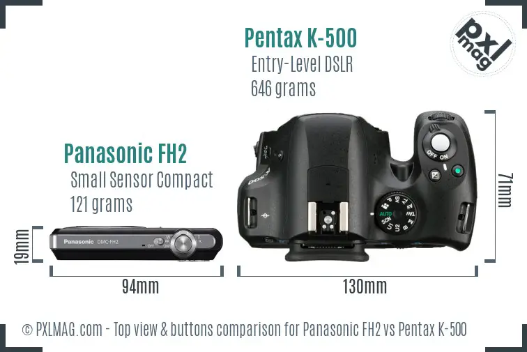 Panasonic FH2 vs Pentax K-500 top view buttons comparison Panasonic FH2 vs Pentax K-500 top view buttons comparison