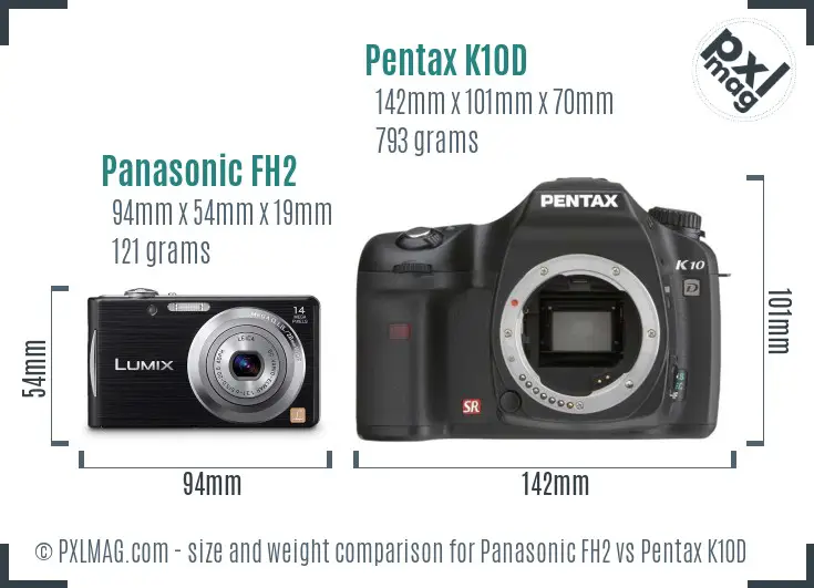 Panasonic FH2 vs Pentax K10D size comparison