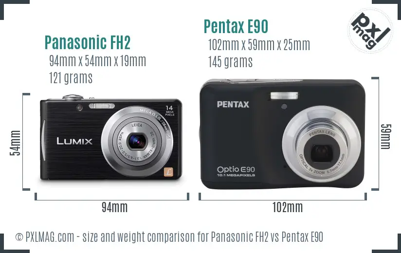 Panasonic FH2 vs Pentax E90 size comparison