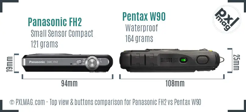 Panasonic FH2 vs Pentax W90 top view buttons comparison