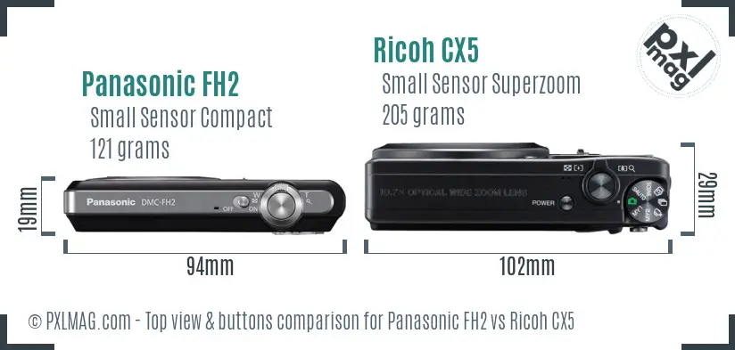 Panasonic FH2 vs Ricoh CX5 top view buttons comparison