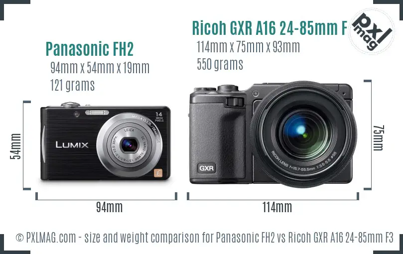 Panasonic FH2 vs Ricoh GXR A16 24-85mm F3.5-5.5 size comparison