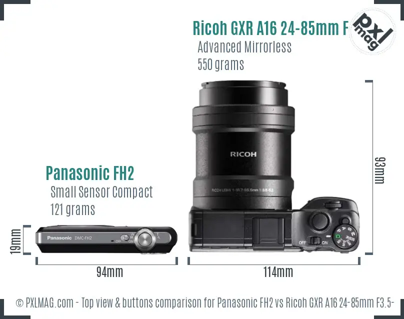 Panasonic FH2 vs Ricoh GXR A16 24-85mm F3.5-5.5 top view buttons comparison