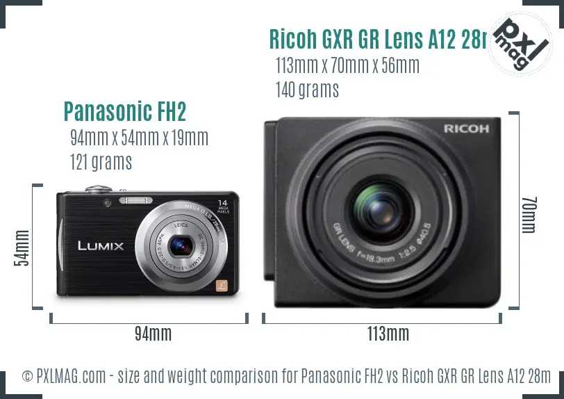 Panasonic FH2 vs Ricoh GXR GR Lens A12 28mm F2.5 size comparison