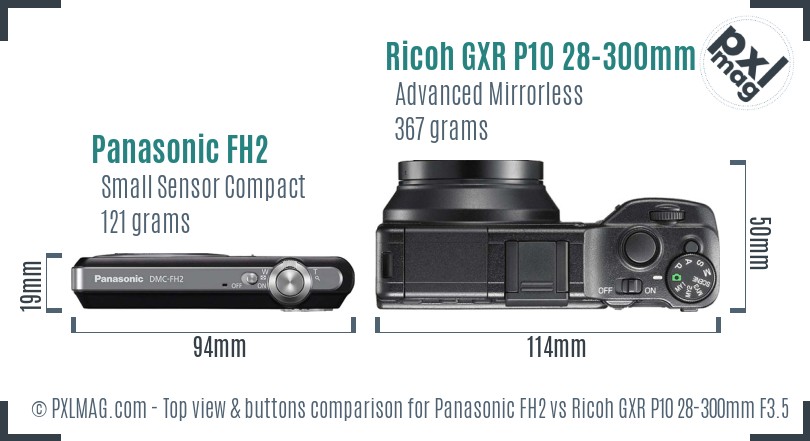 Panasonic FH2 vs Ricoh GXR P10 28-300mm F3.5-5.6 VC top view buttons comparison