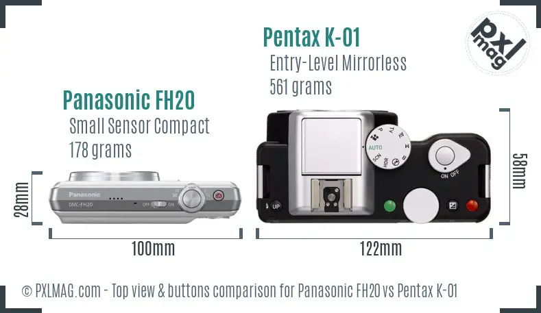 Panasonic FH20 vs Pentax K-01 top view buttons comparison
