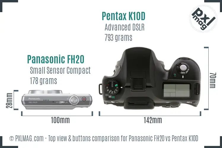 Panasonic FH20 vs Pentax K10D top view buttons comparison