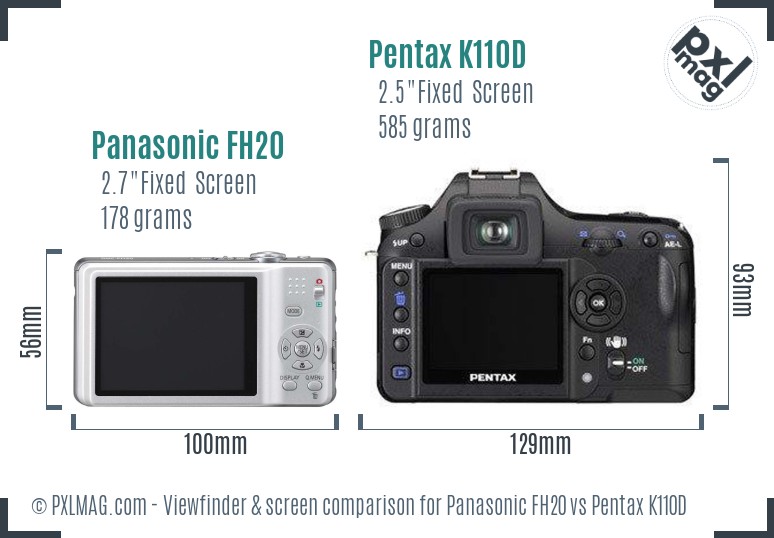 Panasonic FH20 vs Pentax K110D Screen and Viewfinder comparison