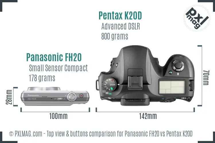 Panasonic FH20 vs Pentax K20D top view buttons comparison
