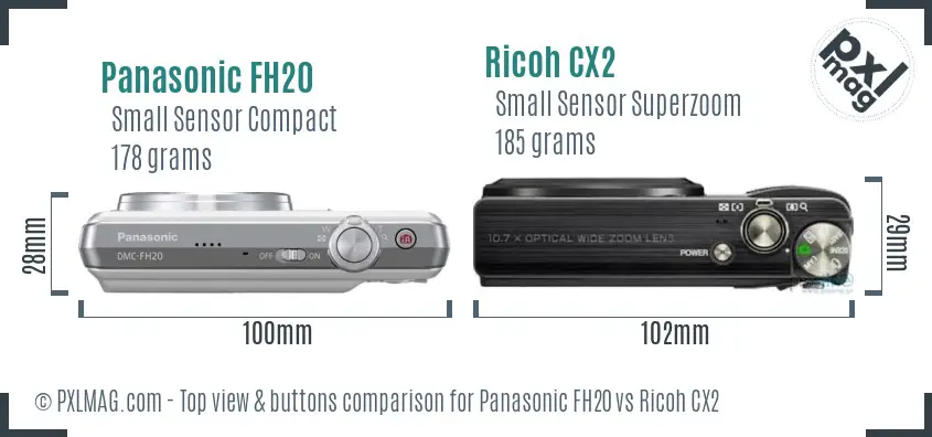 Panasonic FH20 vs Ricoh CX2 top view buttons comparison