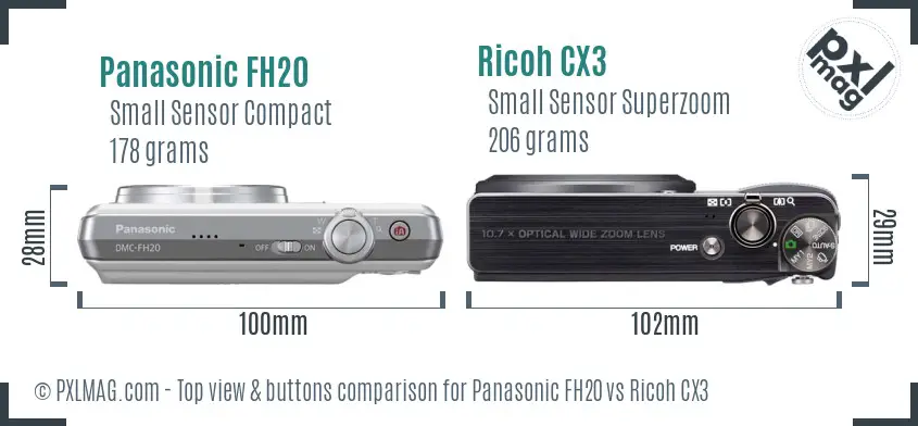 Panasonic FH20 vs Ricoh CX3 top view buttons comparison
