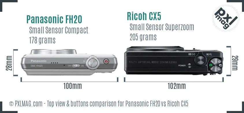 Panasonic FH20 vs Ricoh CX5 top view buttons comparison