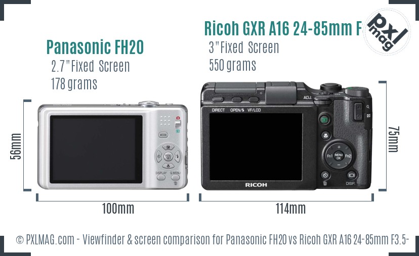 Panasonic FH20 vs Ricoh GXR A16 24-85mm F3.5-5.5 Screen and Viewfinder comparison