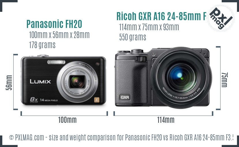 Panasonic FH20 vs Ricoh GXR A16 24-85mm F3.5-5.5 size comparison