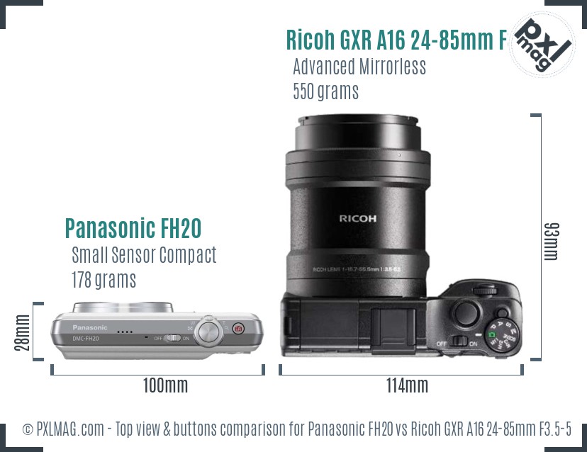 Panasonic FH20 vs Ricoh GXR A16 24-85mm F3.5-5.5 top view buttons comparison