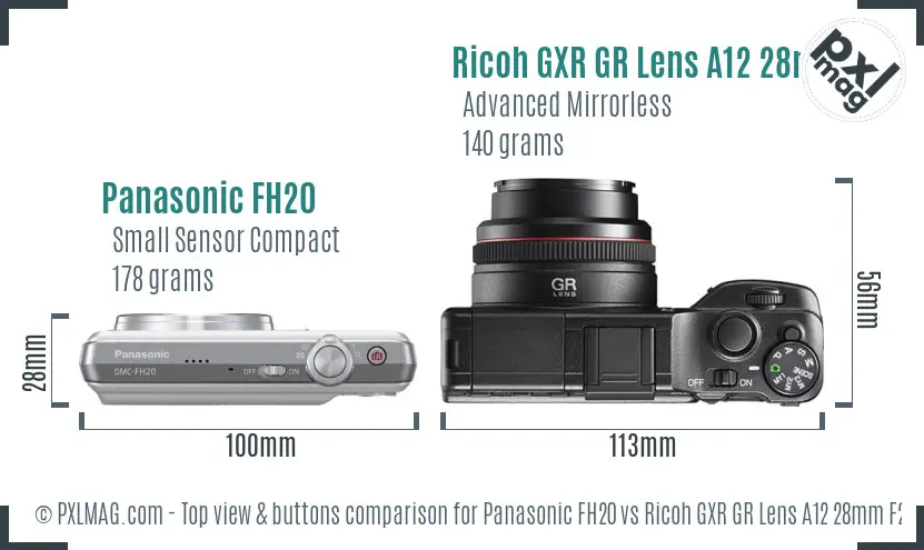 Panasonic FH20 vs Ricoh GXR GR Lens A12 28mm F2.5 top view buttons comparison