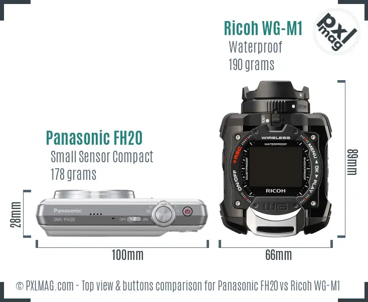 Panasonic FH20 vs Ricoh WG-M1 top view buttons comparison