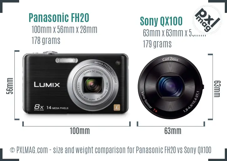 Panasonic FH20 vs Sony QX100 size comparison