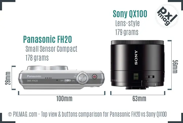 Panasonic FH20 vs Sony QX100 top view buttons comparison