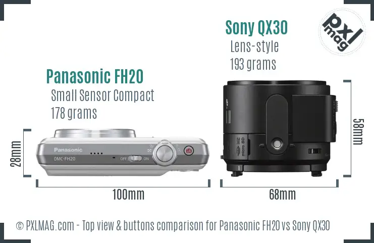 Panasonic FH20 vs Sony QX30 top view buttons comparison