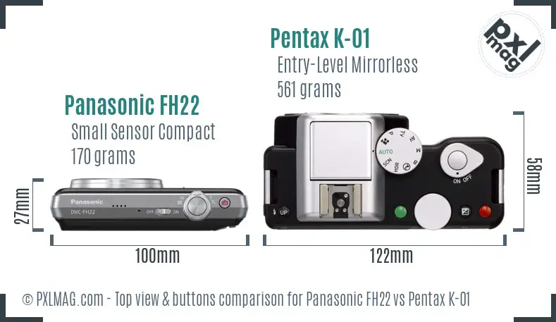 Panasonic FH22 vs Pentax K-01 top view buttons comparison
