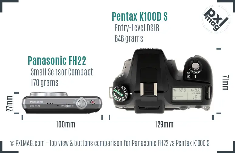 Panasonic FH22 vs Pentax K100D S top view buttons comparison