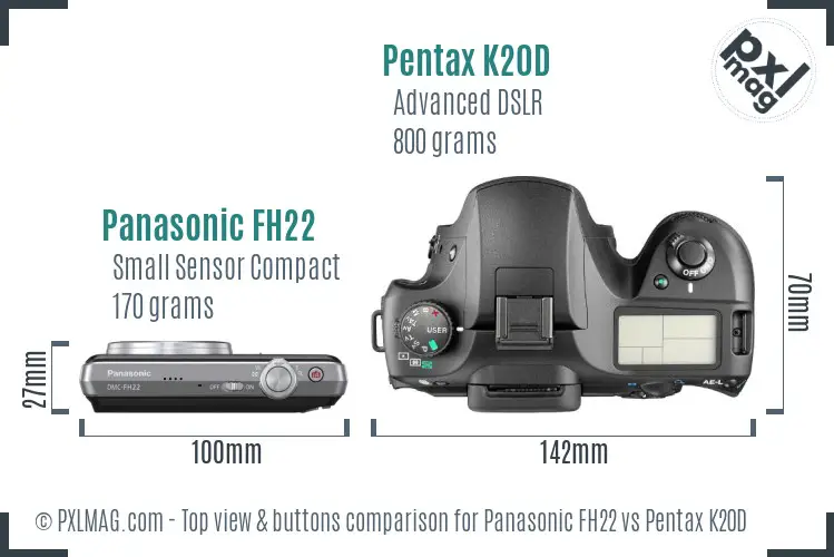 Panasonic FH22 vs Pentax K20D top view buttons comparison Panasonic FH22 vs Pentax K20D top view buttons comparison