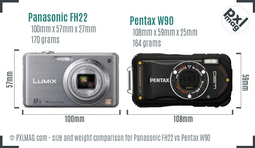 Panasonic FH22 vs Pentax W90 size comparison