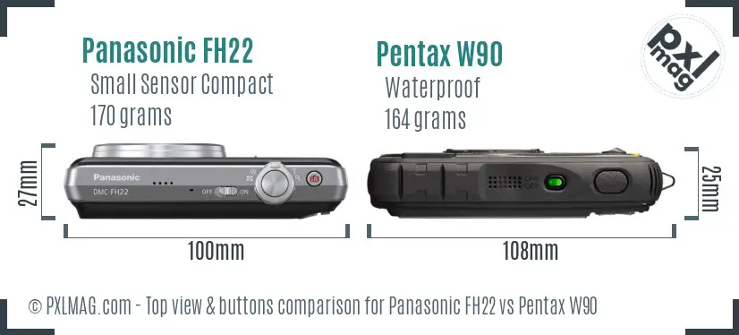Panasonic FH22 vs Pentax W90 top view buttons comparison