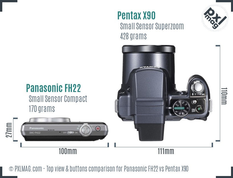 Panasonic FH22 vs Pentax X90 top view buttons comparison