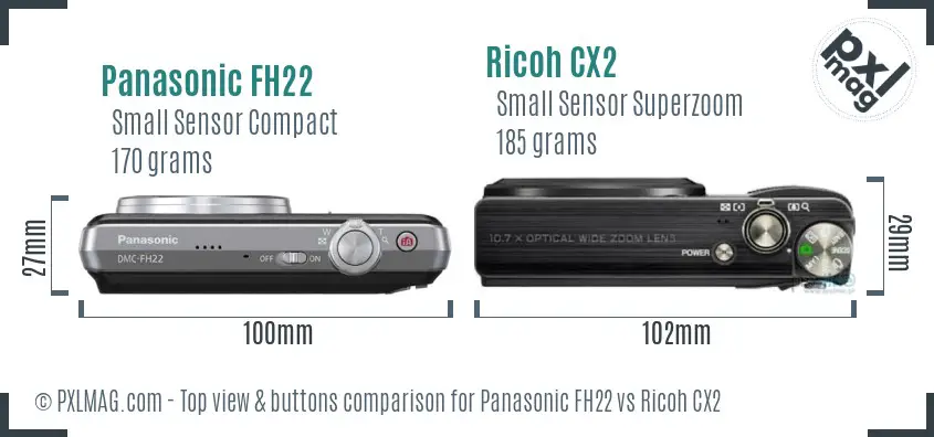 Panasonic FH22 vs Ricoh CX2 top view buttons comparison