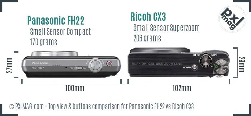 Panasonic FH22 vs Ricoh CX3 top view buttons comparison Panasonic FH22 vs Ricoh CX3 top view buttons comparison