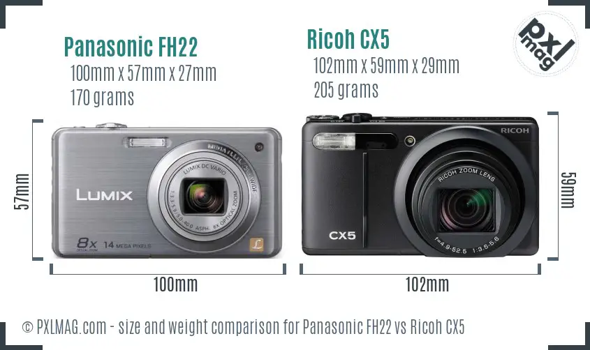 Panasonic FH22 vs Ricoh CX5 size comparison