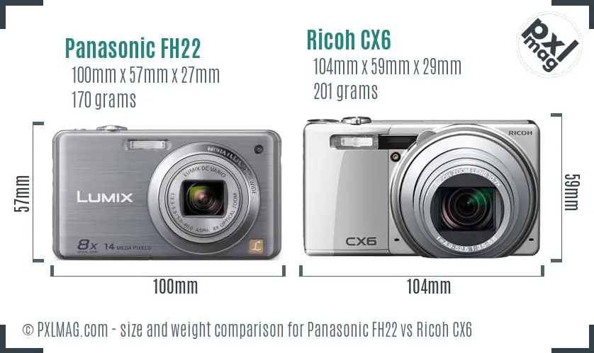 Panasonic FH22 vs Ricoh CX6 size comparison