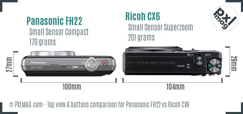 Panasonic FH22 vs Ricoh CX6 top view buttons comparison