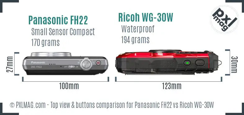 Panasonic FH22 vs Ricoh WG-30W top view buttons comparison