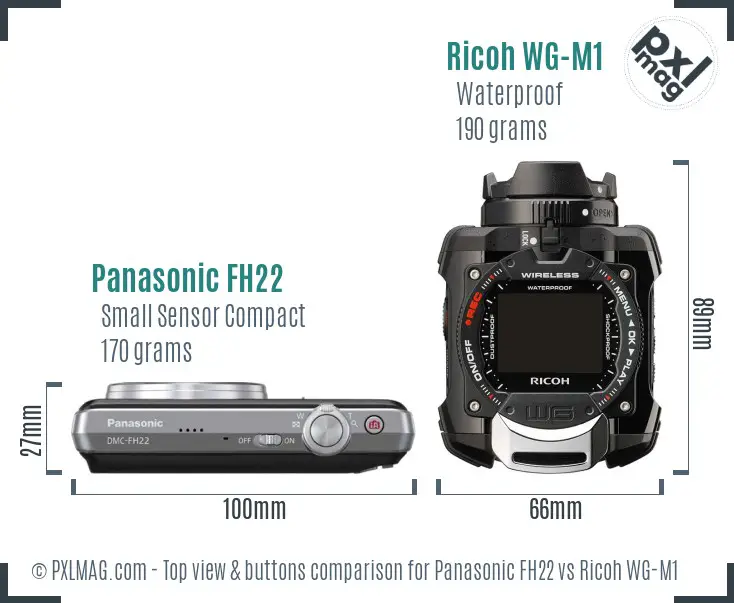 Panasonic FH22 vs Ricoh WG-M1 top view buttons comparison