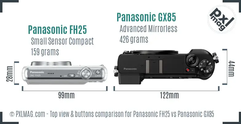 Panasonic FH25 vs Panasonic GX85 top view buttons comparison Panasonic FH25 vs Panasonic GX85 top view buttons comparison