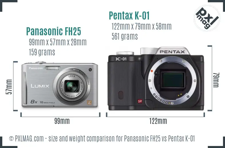 Panasonic FH25 vs Pentax K-01 size comparison