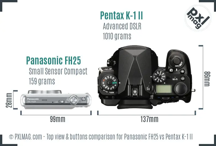 Panasonic FH25 vs Pentax K-1 II top view buttons comparison