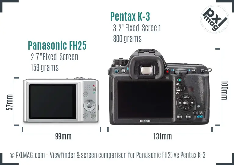 Panasonic FH25 vs Pentax K-3 Screen and Viewfinder comparison