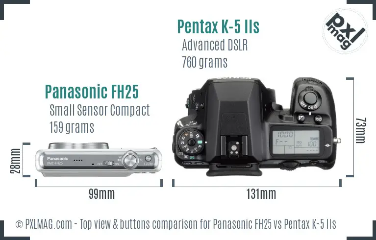 Panasonic FH25 vs Pentax K-5 IIs top view buttons comparison