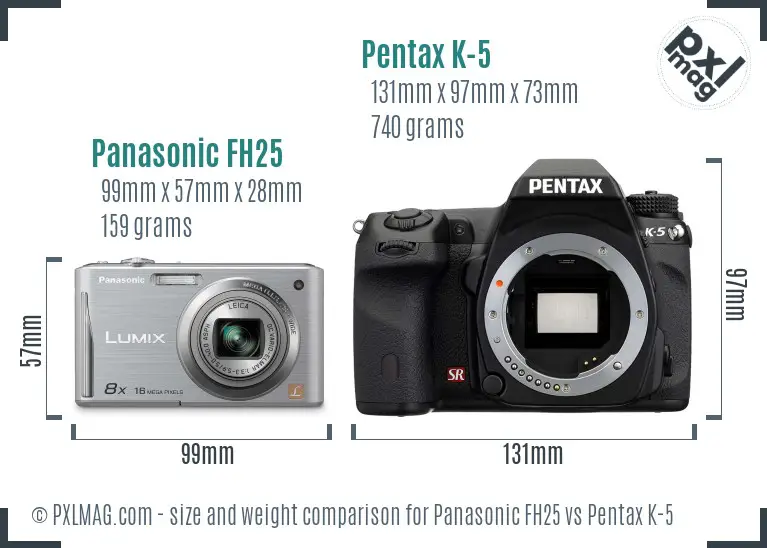 Panasonic FH25 vs Pentax K-5 size comparison