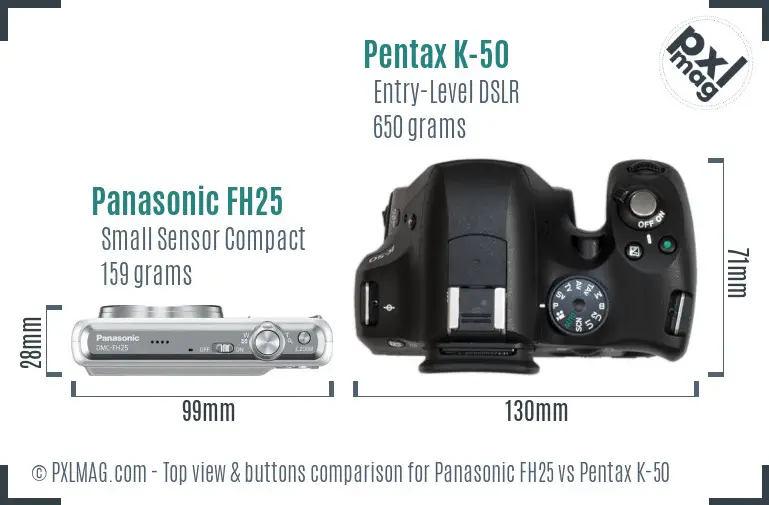 Panasonic FH25 vs Pentax K-50 top view buttons comparison