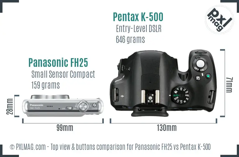 Panasonic FH25 vs Pentax K-500 top view buttons comparison