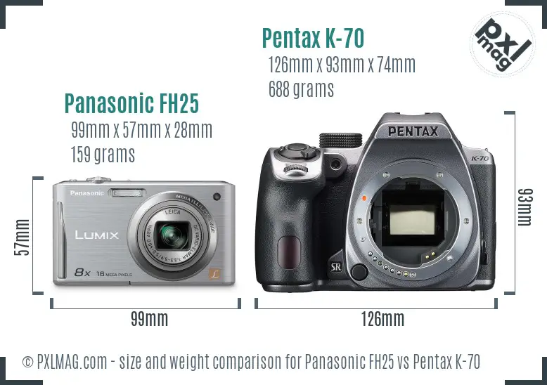 Panasonic FH25 vs Pentax K-70 size comparison