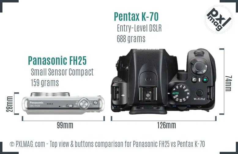 Panasonic FH25 vs Pentax K-70 top view buttons comparison