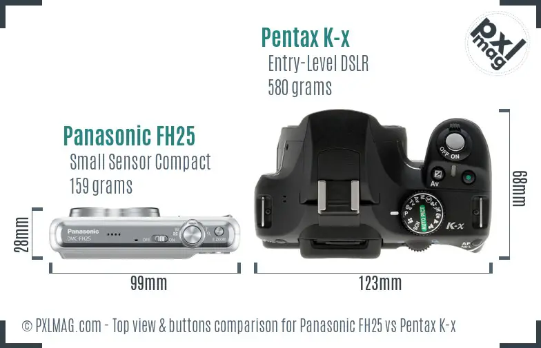Panasonic FH25 vs Pentax K-x top view buttons comparison